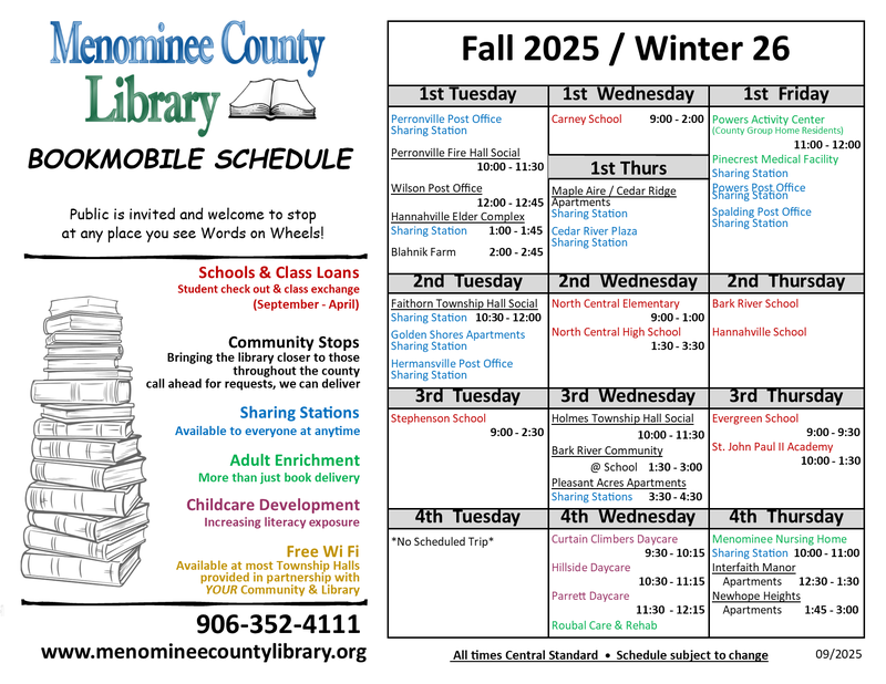 Fall 2025 - Winter 26 bookmobile schedule